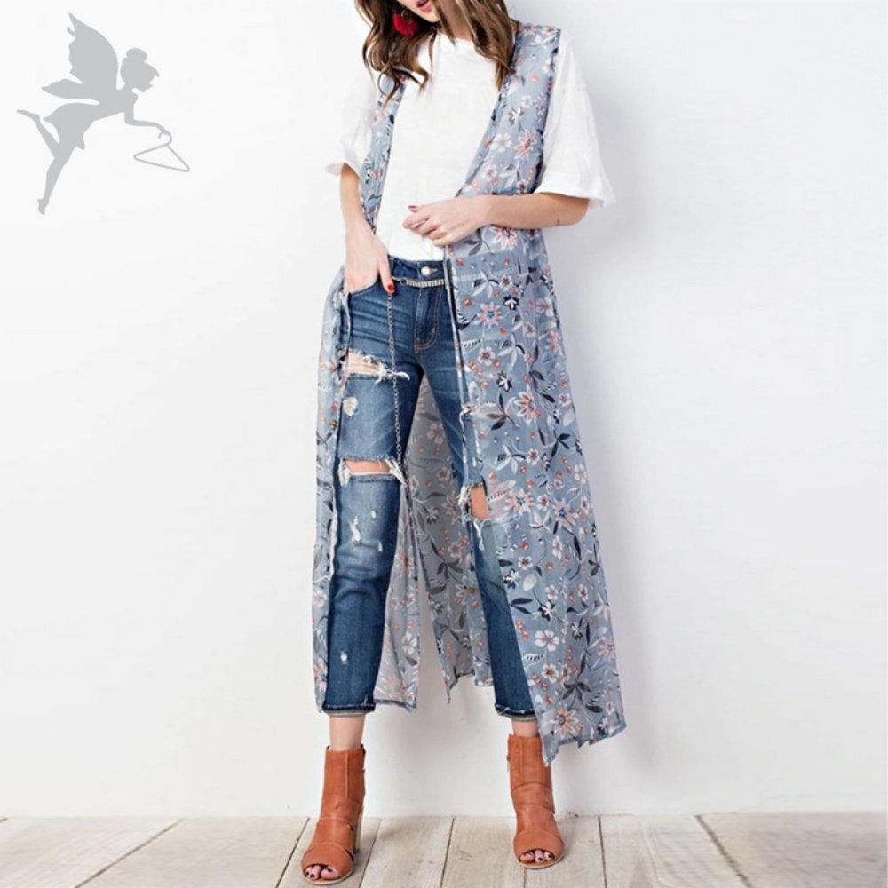 EASEL Weekend Floral Print Maxi Vest